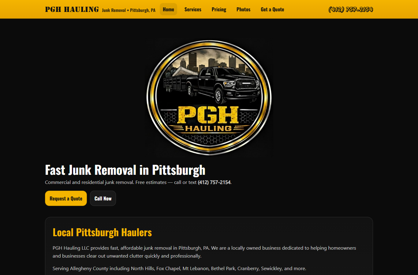 PGH Hauling website screenshot